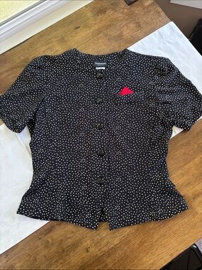 Vintage 80s 90s Statements Black White Polka Dot Blouse Red Pocket Square M